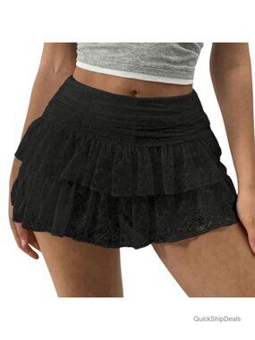 Lace Floral Mini A-Line Pleated Ruffle Skirt Built-In Shorts